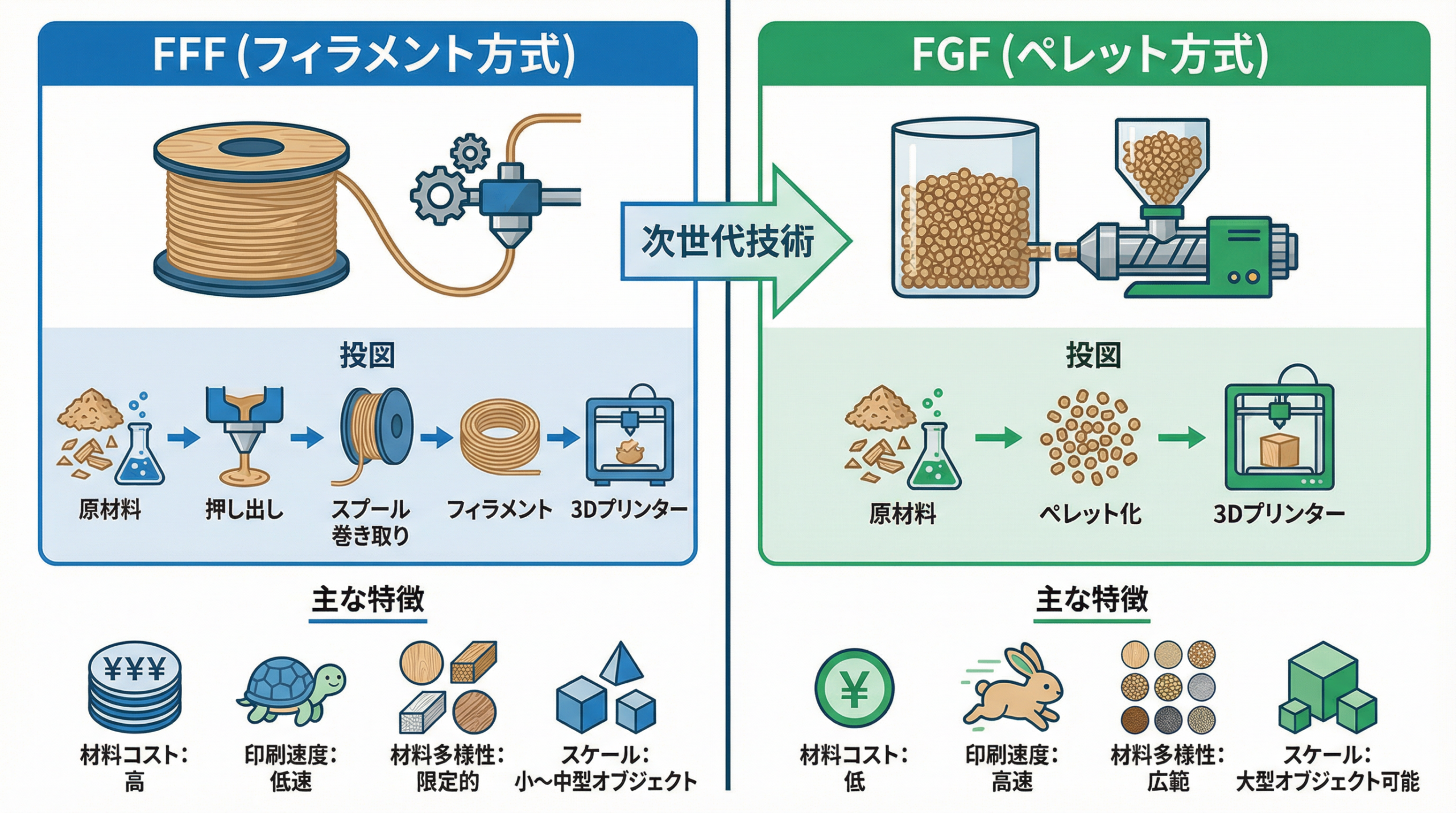 FFF方式とFGF方式の比較図
