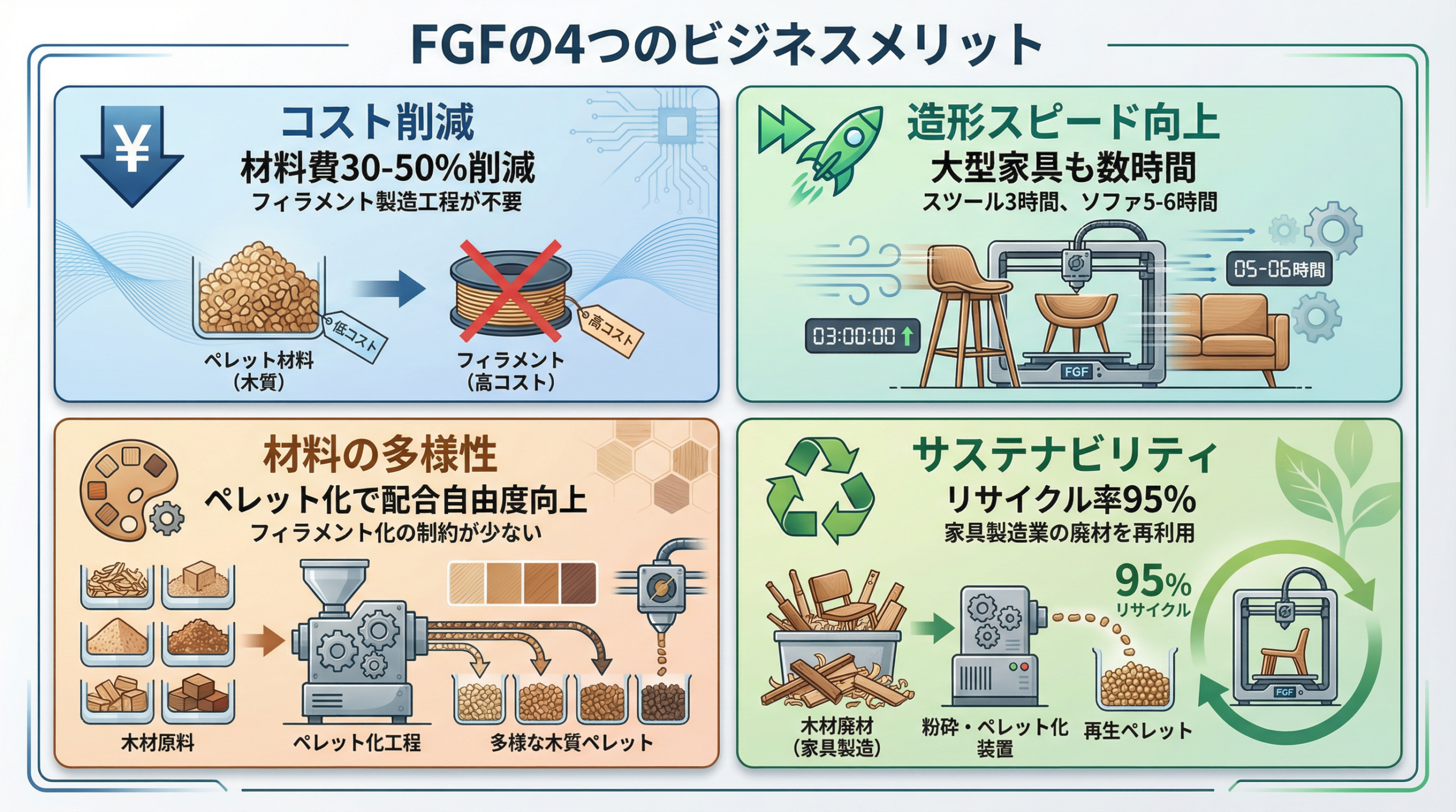FGF式3Dプリンターのビジネスメリットをまとめた図