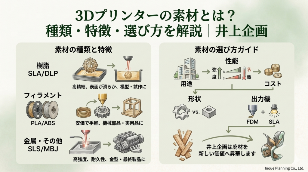 3Dプリンターの素材の種類・特徴・選び方を解説したインフォグラフィック。樹脂(SLA/DLP)、フィラメント(PLA/ABS)、金属(SLS/MBJ)の特徴と、用途・性能・コスト・形状から出力機を選ぶ流れを図解｜井上企画