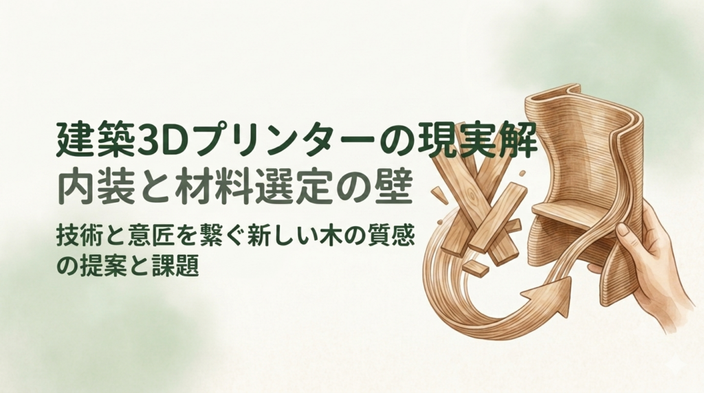 建築3Dプリンターの現実解、内装と材料選定の壁というタイトルと、木材片が渦を巻いて椅子に変化するイラストの記事アイキャッチ画像