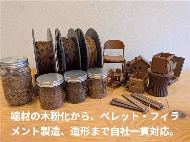 木材端材のチップと木粉ペレット、木質フィラメントのスプール、3Dプリントで造形した椅子・家・キーホルダーなどの作品。端材の木粉化からペレット・フィラメント製造、造形まで自社一貫対応。