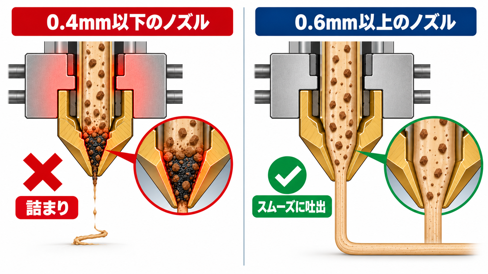3Dプリンターのノズル内部で一般的な木質フィラメントが流れる様子を比べた断面図。左は0.4mm以下のノズルで、木粉が出口に引っかかり熱で炭化して流路をふさぎ、詰まりが起きる様子。右は0.6mm以上のノズルで、木粉が樹脂と一緒に均一に流れ、スムーズに吐出される様子を示す